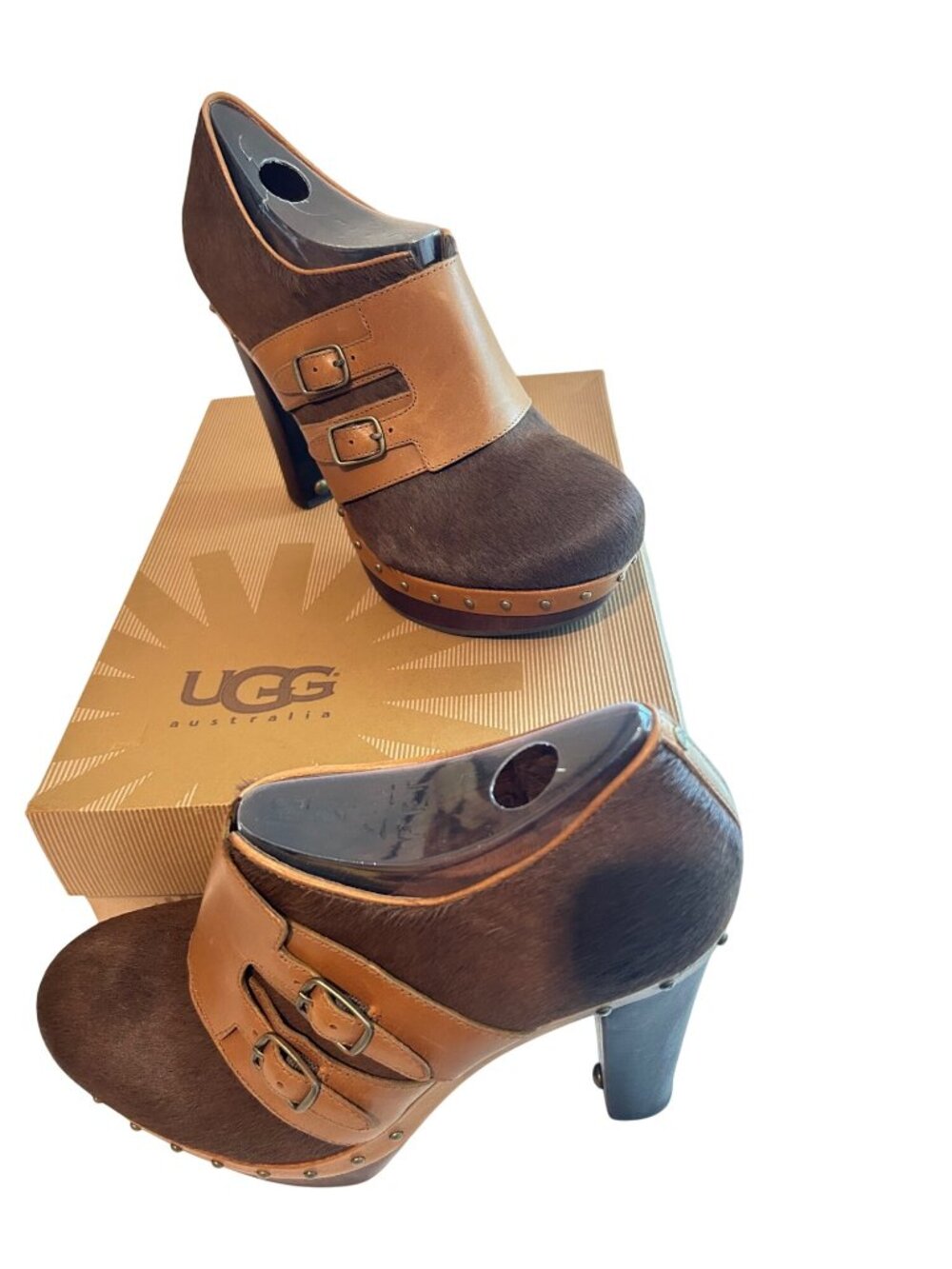 UGG Booties Illana Calf Hair Brown Platform Heels Buckle 1001614 Size 12 NEW NIB